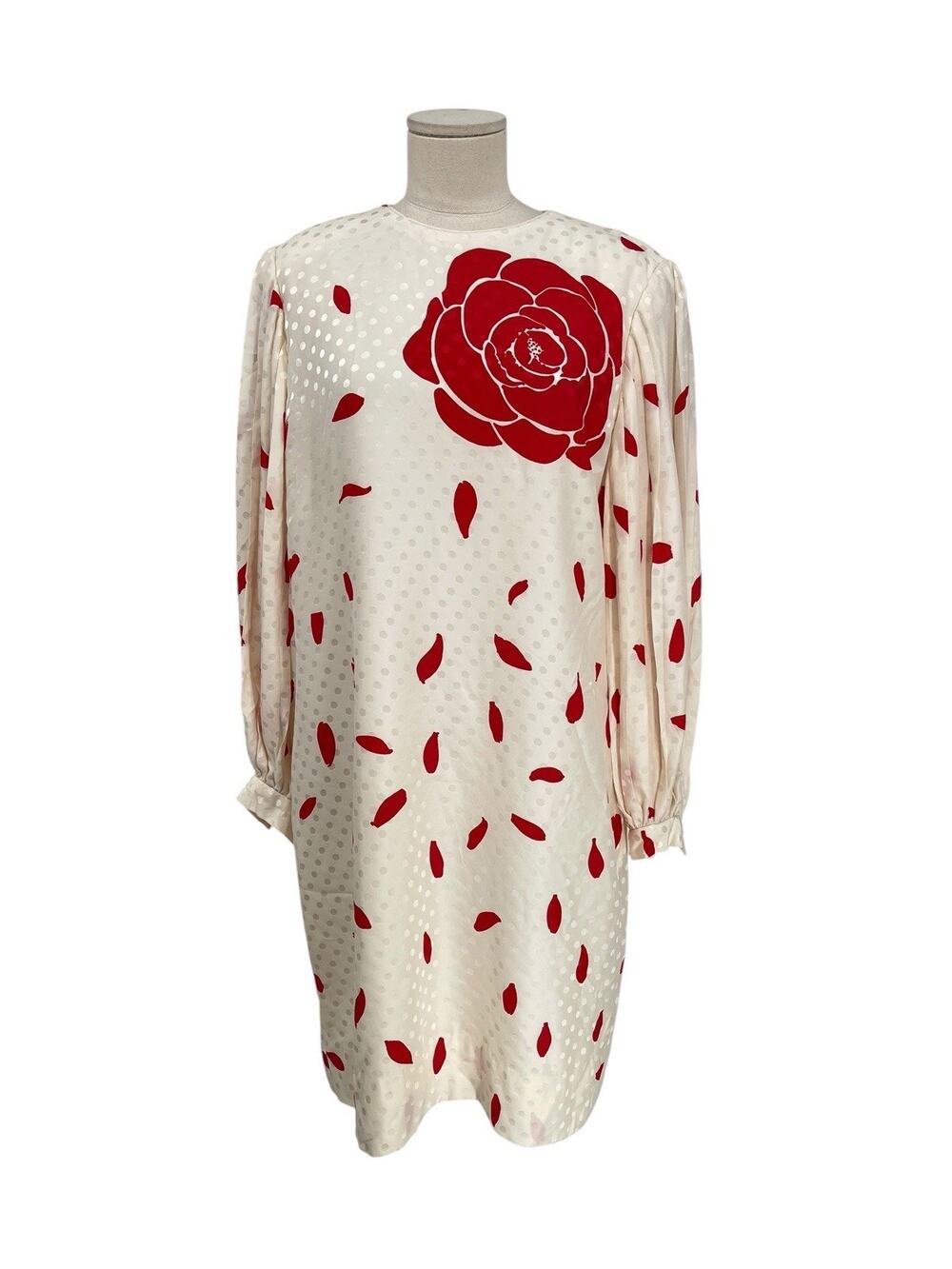 Vintage David Hayes Silk Dress Rose Falling Petals Silk Ivory Red Size 12